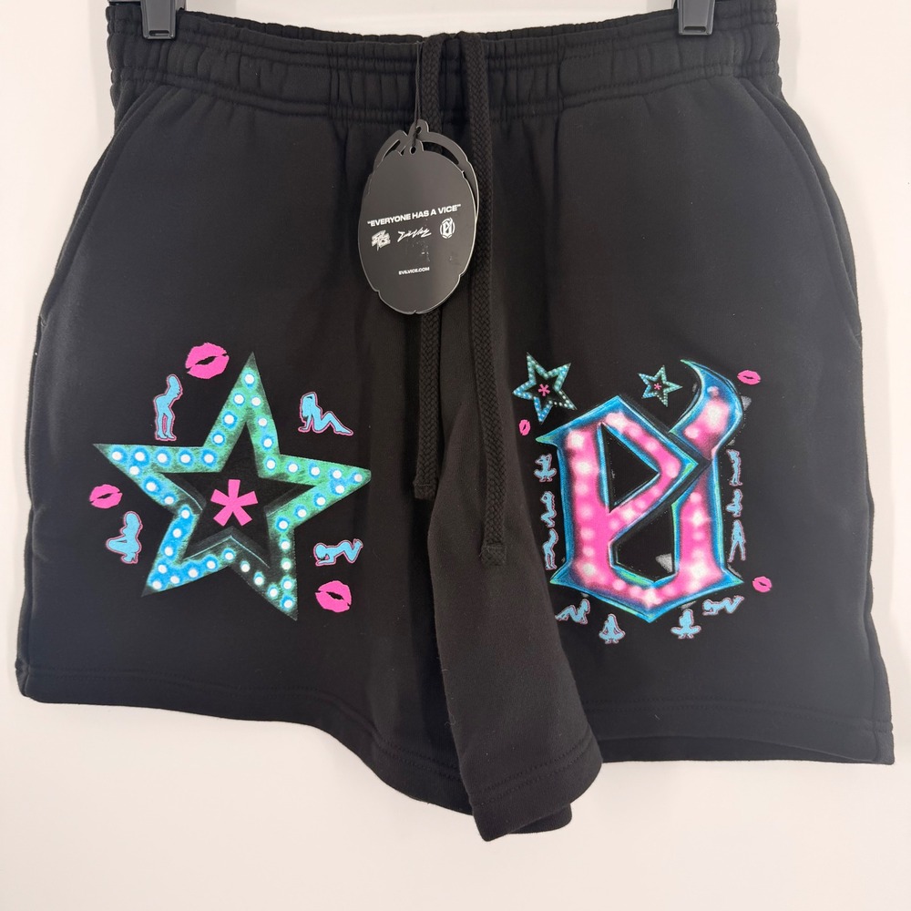 Evil Vice Mens Graphic‎ Sweat Shorts Black Star Logo Streetwear Size M NEW